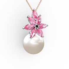Kar Çiçeği İnci Kolye - Inci ve pembe kuvars 14 ayar beyaz altın kolye (40 cm rose altın rolo zincir) #17kr62d