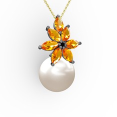 Kar Çiçeği İnci Kolye - Inci ve sitrin 925 ayar siyah rodyum kaplama gümüş kolye (40 cm gümüş rolo zincir) #17we0i0