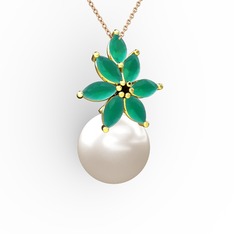 Kar Çiçeği İnci Kolye - Inci ve kök zümrüt 14 ayar altın kolye (40 cm rose altın rolo zincir) #17zh77w