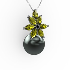 Siyah inci ve peridot 925 ayar siyah rodyum kaplama gümüş kolye (40 cm beyaz altın rolo zincir)