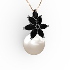 Kar Çiçeği İnci Kolye - Inci ve siyah zirkon 925 ayar siyah rodyum kaplama gümüş kolye (40 cm rose altın rolo zincir) #18i1gj4