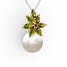 Kar Çiçeği İnci Kolye - Inci ve peridot 18 ayar rose altın kolye (40 cm gümüş rolo zincir) #19kvgn6