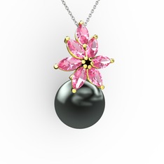 Kar Çiçeği İnci Kolye - Siyah inci ve pembe kuvars 14 ayar altın kolye (40 cm gümüş rolo zincir) #19ovzts