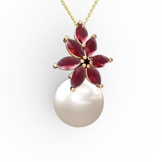 Kar Çiçeği İnci Kolye - Inci ve kök yakut 8 ayar rose altın kolye (40 cm gümüş rolo zincir) #1ba7anx