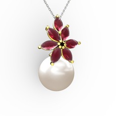 Kar Çiçeği İnci Kolye - Inci ve kök yakut 8 ayar altın kolye (40 cm gümüş rolo zincir) #1bug1m8