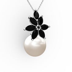 Kar Çiçeği İnci Kolye - Inci ve siyah zirkon 14 ayar beyaz altın kolye (40 cm beyaz altın rolo zincir) #1bxh5ba