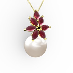 Kar Çiçeği İnci Kolye - Inci ve kök yakut 18 ayar altın kolye (40 cm gümüş rolo zincir) #1c07u04