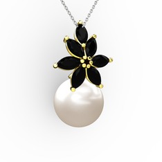 Kar Çiçeği İnci Kolye - Inci ve siyah zirkon 8 ayar altın kolye (40 cm beyaz altın rolo zincir) #1e50par