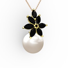 Kar Çiçeği İnci Kolye - Inci ve siyah zirkon 18 ayar altın kolye (40 cm rose altın rolo zincir) #1efh1fr