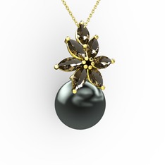 Kar Çiçeği İnci Kolye - Siyah inci ve dumanlı kuvars 14 ayar altın kolye (40 cm gümüş rolo zincir) #1ffl39a