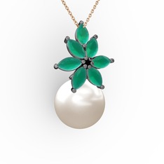 Kar Çiçeği İnci Kolye - Inci ve kök zümrüt 925 ayar siyah rodyum kaplama gümüş kolye (40 cm rose altın rolo zincir) #1hufl07