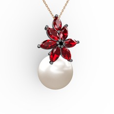 Kar Çiçeği İnci Kolye - Inci ve garnet 925 ayar siyah rodyum kaplama gümüş kolye (40 cm rose altın rolo zincir) #1idhpim