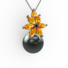 Kar Çiçeği İnci Kolye - Siyah inci ve sitrin 925 ayar siyah rodyum kaplama gümüş kolye (40 cm gümüş rolo zincir) #1iwdd2o