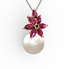 Kar Çiçeği İnci Kolye - Inci ve rodolit garnet 14 ayar rose altın kolye (40 cm gümüş rolo zincir) #1jda2my
