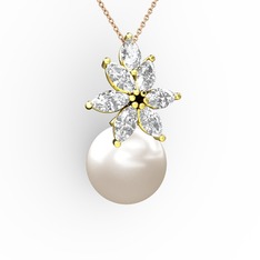 Kar Çiçeği İnci Kolye - Inci ve beyaz zirkon 8 ayar altın kolye (40 cm rose altın rolo zincir) #1jfd5ra