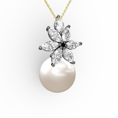 Kar Çiçeği İnci Kolye - Inci ve swarovski 925 ayar siyah rodyum kaplama gümüş kolye (40 cm altın rolo zincir) #1jl7nik
