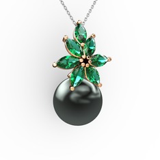 Siyah inci ve yeşil kuvars 18 ayar rose altın kolye (40 cm gümüş rolo zincir)