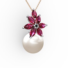 Inci ve rodolit garnet 18 ayar beyaz altın kolye (40 cm rose altın rolo zincir)
