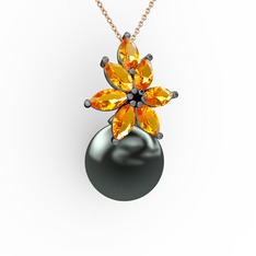 Kar Çiçeği İnci Kolye - Siyah inci ve sitrin 925 ayar siyah rodyum kaplama gümüş kolye (40 cm rose altın rolo zincir) #1mndth2