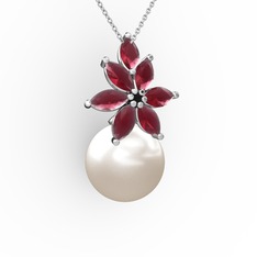 Kar Çiçeği İnci Kolye - Inci ve kök yakut 14 ayar beyaz altın kolye (40 cm beyaz altın rolo zincir) #1ovzux1