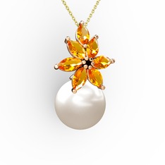 Kar Çiçeği İnci Kolye - Inci ve sitrin 8 ayar rose altın kolye (40 cm altın rolo zincir) #1qk23v3