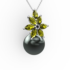 Kar Çiçeği İnci Kolye - Siyah inci ve peridot 14 ayar beyaz altın kolye (40 cm beyaz altın rolo zincir) #1qqqyke