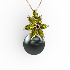 Kar Çiçeği İnci Kolye - Siyah inci ve peridot 8 ayar rose altın kolye (40 cm rose altın rolo zincir) #1r2rvmy