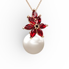 Kar Çiçeği İnci Kolye - Inci ve garnet 8 ayar rose altın kolye (40 cm rose altın rolo zincir) #1si07c3