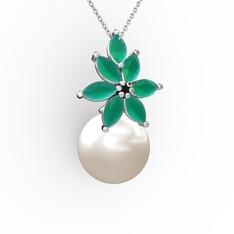 Kar Çiçeği İnci Kolye - Inci ve kök zümrüt 8 ayar beyaz altın kolye (40 cm gümüş rolo zincir) #1sms6y5