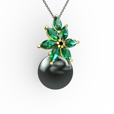 Kar Çiçeği İnci Kolye - Siyah inci ve yeşil kuvars 14 ayar altın kolye (40 cm gümüş rolo zincir) #1svfadm