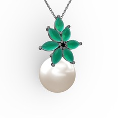 Kar Çiçeği İnci Kolye - Inci ve kök zümrüt 925 ayar siyah rodyum kaplama gümüş kolye (40 cm gümüş rolo zincir) #1u0s8xe