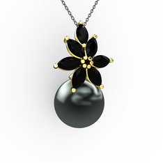 Kar Çiçeği İnci Kolye - Siyah inci ve siyah zirkon 14 ayar altın kolye (40 cm gümüş rolo zincir) #1u346jg