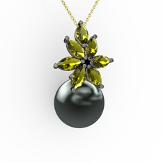 Kar Çiçeği İnci Kolye - Siyah inci ve peridot 925 ayar siyah rodyum kaplama gümüş kolye (40 cm altın rolo zincir) #1ub7xyg