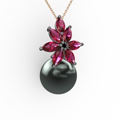 Kar Çiçeği İnci Kolye - Siyah inci ve rodolit garnet 925 ayar siyah rodyum kaplama gümüş kolye (40 cm rose altın rolo zincir) #1uju09d