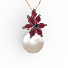 Kar Çiçeği İnci Kolye - Inci ve kök yakut 925 ayar siyah rodyum kaplama gümüş kolye (40 cm rose altın rolo zincir) #1v0ln6k