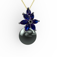 Siyah inci ve lab safir 925 ayar siyah rodyum kaplama gümüş kolye (40 cm gümüş rolo zincir)