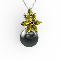 Kar Çiçeği İnci Kolye - Siyah inci ve peridot 18 ayar rose altın kolye (40 cm beyaz altın rolo zincir) #1vymoop