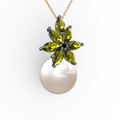Inci ve peridot 925 ayar siyah rodyum kaplama gümüş kolye (40 cm rose altın rolo zincir)