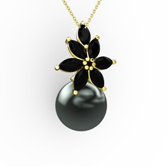 Kar Çiçeği İnci Kolye - Siyah inci ve siyah zirkon 18 ayar altın kolye (40 cm gümüş rolo zincir) #1xdw9n4