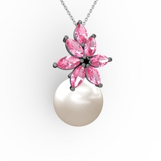 Kar Çiçeği İnci Kolye - Inci ve pembe kuvars 925 ayar siyah rodyum kaplama gümüş kolye (40 cm gümüş rolo zincir) #1y0rd8q