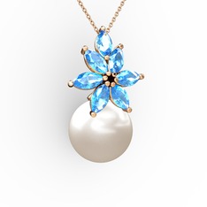 Kar Çiçeği İnci Kolye - Inci ve akuamarin 925 ayar rose altın kaplama gümüş kolye (40 cm rose altın rolo zincir) #1y7krsv