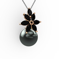 Kar Çiçeği İnci Kolye - Siyah inci ve siyah zirkon 925 ayar rose altın kaplama gümüş kolye (40 cm gümüş rolo zincir) #1yl2kbf