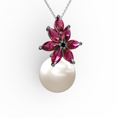 Kar Çiçeği İnci Kolye - Inci ve rodolit garnet 925 ayar siyah rodyum kaplama gümüş kolye (40 cm gümüş rolo zincir) #1ytgr1u