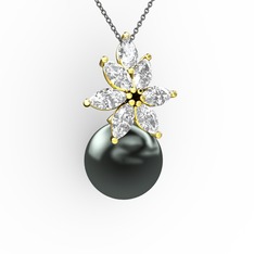 Kar Çiçeği İnci Kolye - Siyah inci ve swarovski 18 ayar altın kolye (40 cm gümüş rolo zincir) #1yxl01x