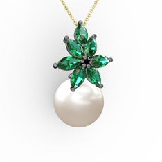 Kar Çiçeği İnci Kolye - Inci ve yeşil kuvars 925 ayar siyah rodyum kaplama gümüş kolye (40 cm gümüş rolo zincir) #2azgs3