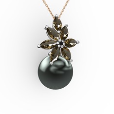 Kar Çiçeği İnci Kolye - Siyah inci ve dumanlı kuvars 18 ayar beyaz altın kolye (40 cm gümüş rolo zincir) #2emiy3