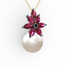 Inci ve rodolit garnet 925 ayar siyah rodyum kaplama gümüş kolye (40 cm altın rolo zincir)