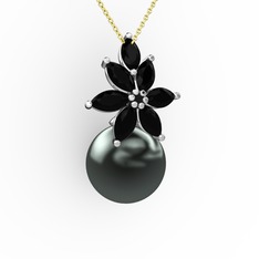 Kar Çiçeği İnci Kolye - Siyah inci ve siyah zirkon 925 ayar gümüş kolye (40 cm altın rolo zincir) #4g4p6e