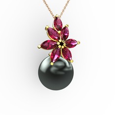 Kar Çiçeği İnci Kolye - Siyah inci ve rodolit garnet 18 ayar altın kolye (40 cm rose altın rolo zincir) #4iti9