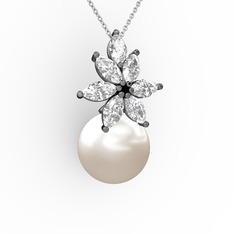 Kar Çiçeği İnci Kolye - Inci ve swarovski 925 ayar siyah rodyum kaplama gümüş kolye (40 cm beyaz altın rolo zincir) #4o5fms